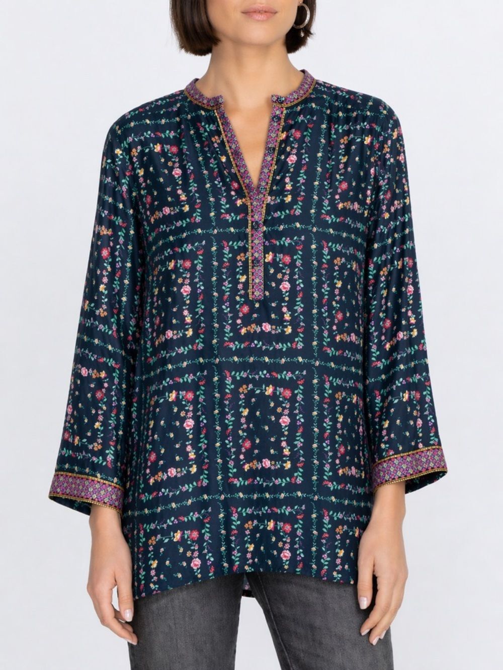 Johnny Was Navy Floral Split-Neck Tunic with Pink and Green Accents